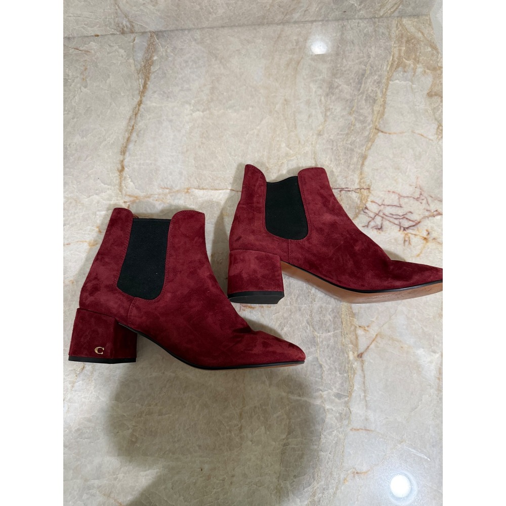 Coach Tia Wine Red Suede Chelsea Ankle Boots Block Heel Size 8.5 - Picture 8 of 12